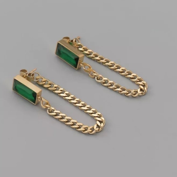 NEW 18K Gold Plated Green Crystal Chain Earrings - Picture 8 of 14